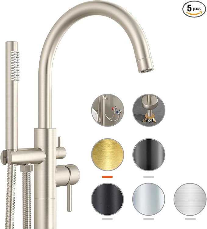 Freestanding Bathtub Faucet Waterfall Tub Filler Brushed Nickel Floor Mount Brass Single Handle Bathroom Faucets with Hand Shower (Electroplating color, Water in the side)
