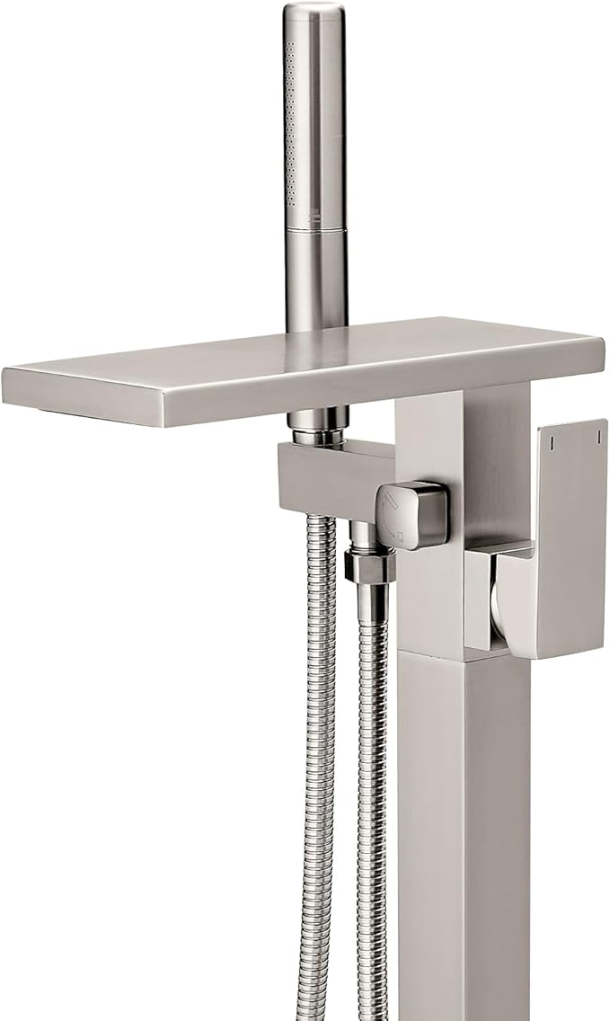 Hoimpro Floor Mount Bathtub Faucet Freestanding Waterfall Tub Filler, Brushed Nickel Single Handle High Flow Shower Faucets Mixer Bathroom Tub Faucets with 2 Function Hand Shower Wand