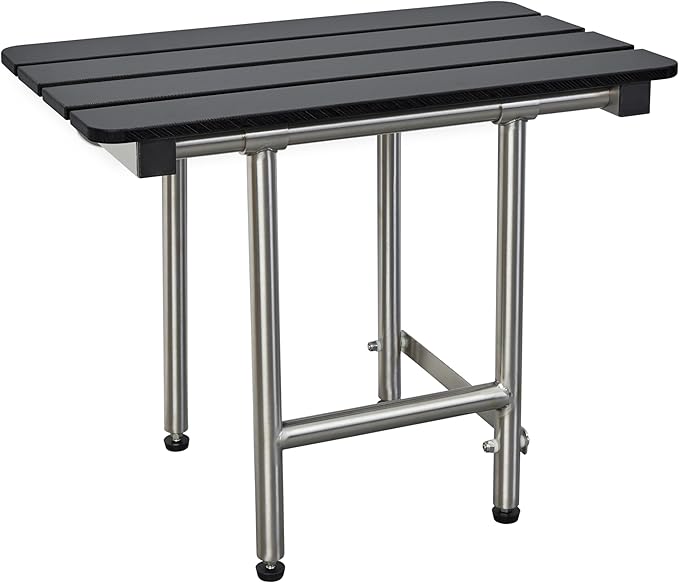 28-inch x 15-inch ADA Bariatric Folding Wall Mount Bathroom Shower Seat Bench with Legs, Black Slatted Phenolic Seat