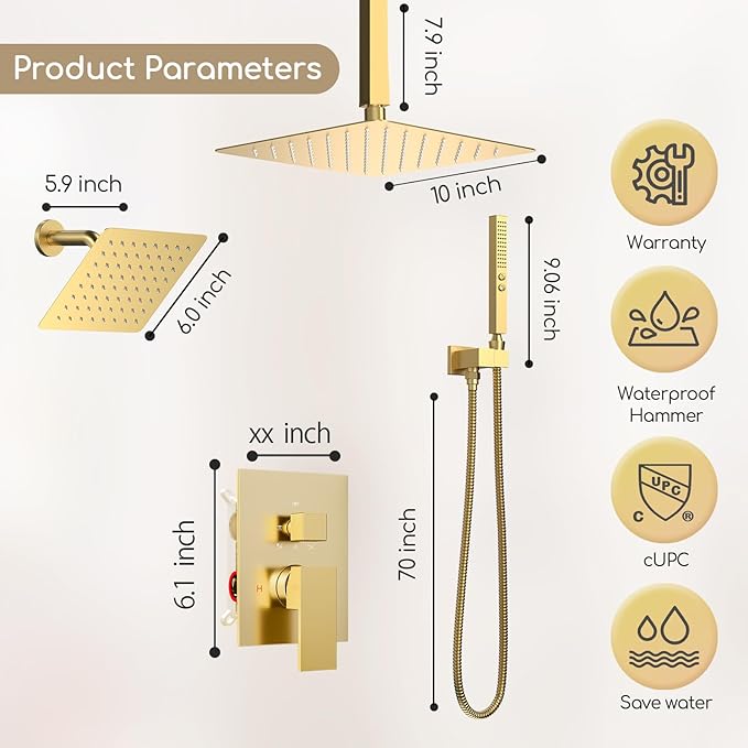 Shower System Brushed Gold Shower Faucet Set,Five Functions Knob Diverter Rainfall Shower Faucet with 2 in 1 Handheld,10'' Ceiling Mount and 6'' Wall Mount Rainfall Shower System