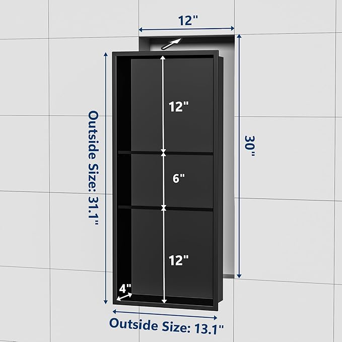 Neodrain 12X30 in Shower Niche, Matte Black 3 Layers Shower Shelf Stainless Steel Recessed Storage NO Tile Needed Recessed Niche Shower for Bathroom Storage