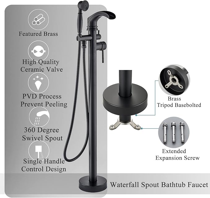 Senlesen Matte Black Bathroom Single Handle Freestanding Bathtub Faucet Floor Mounted Waterfall Tub Filler with Hand Shower Set