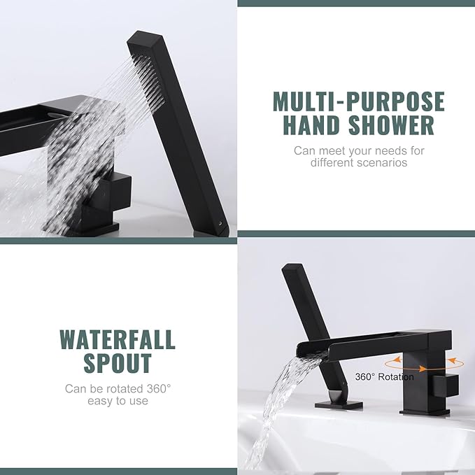 Waterfall Roman Tub Filler Faucet, Deck Mount Bathtub Filler with 360°Swivel Spout, 3 Holes Bathroom Tub Faucet with Sprayer, Matte Black