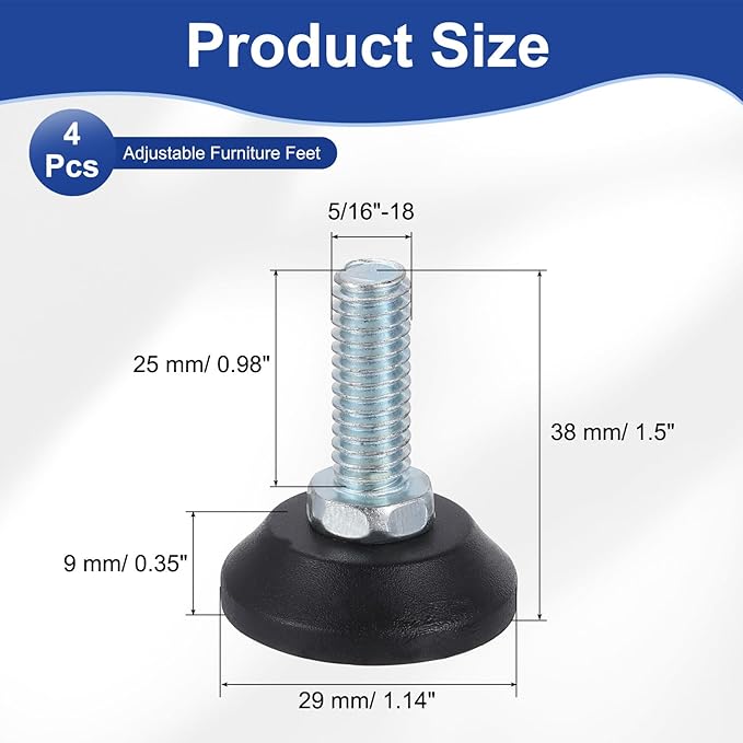 uxcell 5/16"-18 Thread Furniture Feet Levelers, 4Pcs 25mm l Adjustable Furniture Feet Screw in Threaded Leveling Leg Screw on Chair Foot Glides Leveling for Table Chair Cabinet Black