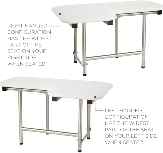 32" x 22.5" White Padded Wall Mount Folding Left-Handed Transfer Bench Shower Seat with Legs, ADA Compliant
