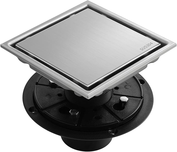 Hidden Brushed Square Shower Floor Drain, Silver 6 inch, 304 Stainless Steel, with Flange, Detachable Cover Embedded with Ceramic Tiles