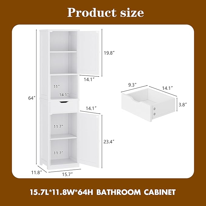 Walsunny Tall Bathroom Storage Cabinet with Freestanding Adjustable Shelves, Narrow Storage Linen Cabinet with 2 Doors and 1 Drawers for Bathroom, Living Room, Kitchen(White)