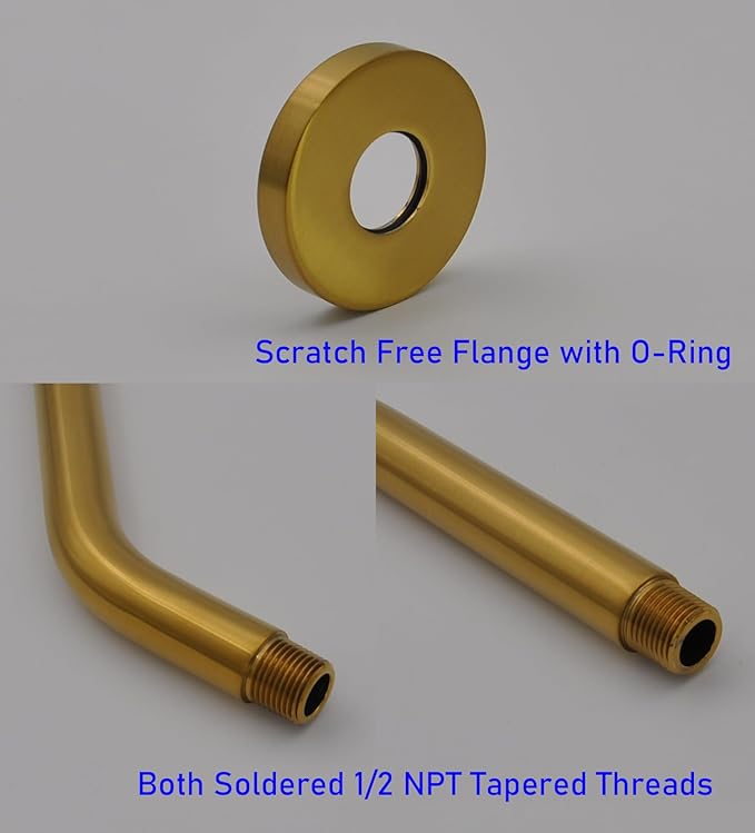 Aquaiaw Shower Arm and O-Ring Flange, 6 inch, Solid Brass, Round, Both Soldered 1/2 NPT Tapered Threads, Wall Mount Shower Arm Extension with Escutcheon, for Rain Shower Head (Matte Brushed Gold)