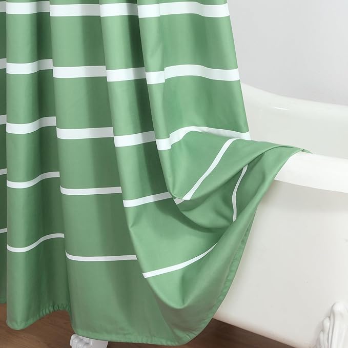 Green Shower Curtain, Sage Green and White Stripe Waterproof Polyester Shower Curtains for Bathroom, 72x72 Inches