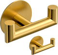 2 Pack Brushed Gold Bathroom Hooks for Towels - Self Adhesive Double Hooks for Wall, No Drilling, Stainless Steel 304, Strong Hold for Robes, Coats, Shower Use