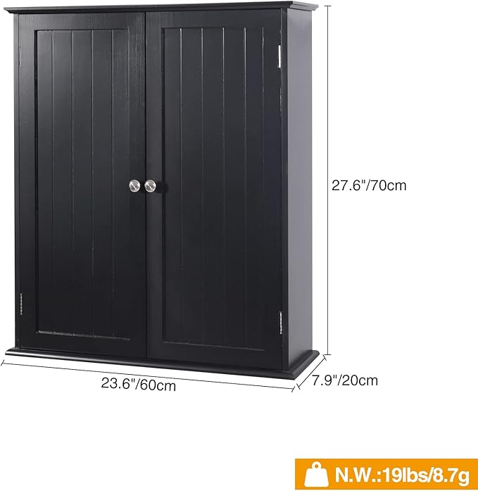 Blcak Bathroom Cabinet Wall Mounted, Bathroom Wall Cabinet Over Toilet, Hanging Cabinet for Bathroom, Bathroom Medicine Cabinet with 2 Doors and Adjustable Shelves, Wood
