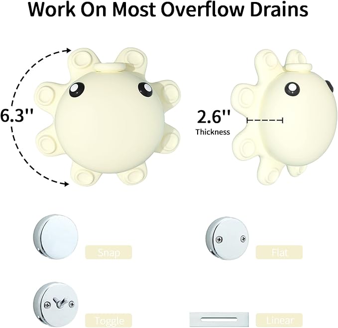 Bathroom Bathtub Overflow Drain Cover- Silicone Bath Tub Drain Cover, Tub Overflow Drain Stopper with Suction Cups, Adds Inches of Water for Deeper Bath, Cute Bathroom Accessories, Ivory