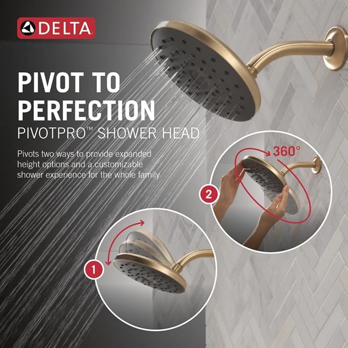 Delta PivotPro Brushed Gold Rain Showerhead, Single Setting 7 Inch Round Shower Head, Showerheads, 1.75 GPM Flow Rate, Champagne Bronze 75103CZ