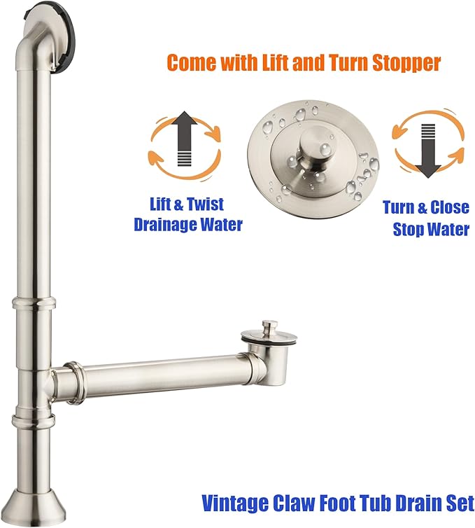 Artiwell Vintage Claw Foot Tub Drain Kit with Lift and Turn Bath Drain Stopper, 1-1/2" Brass Tubular Leg Tub Bathtub Waste and Overflow Drain Assembly with Drain Plug and Bathtub Overflow Cover