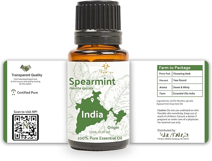 Spearmint Essential Oil - Direct from Essential Oils India - Steam Distilled - Aceite Esencial de Menta Verde for Aromatherapy, Massage, Diffuser, DIY Candle and Soap Making - 15ml