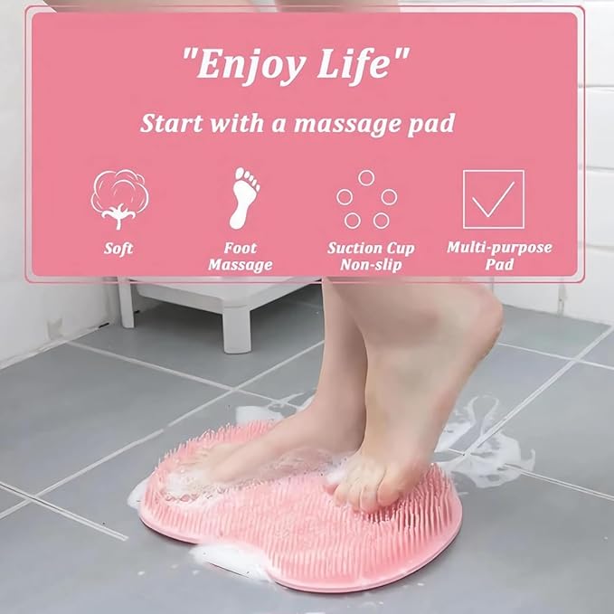 Shower Foot & Back Scrubber, Massage Pad with Suction Cups & Pumice Stone, Multi-Surface Silicone Bath Mat for Exfoliating and Massaging in Shower or Bathtub, 9.8x11.8 Inch (Beige)