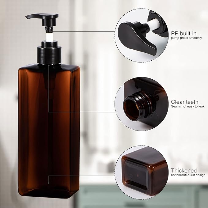 Shower Pump Bottles, Yebeauty 3pcs 17oz 500ml Empty Refillable Shampoo and Conditioner Dispenser Lotion Soap Dispenser Liquid Container Plastic Soap Dispenser for Body Wash, Amber