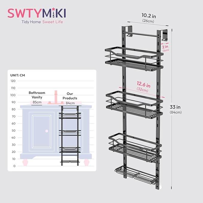 SWTYMIKI Over the Door Shower Caddy - 4 Tier Adjustable Shower Organizer Hanging with Soap Holder, No Drilling Stainless Steel Bathroom Rack Hanging for Body Wash, Shampoo, Soap, Razor, Black