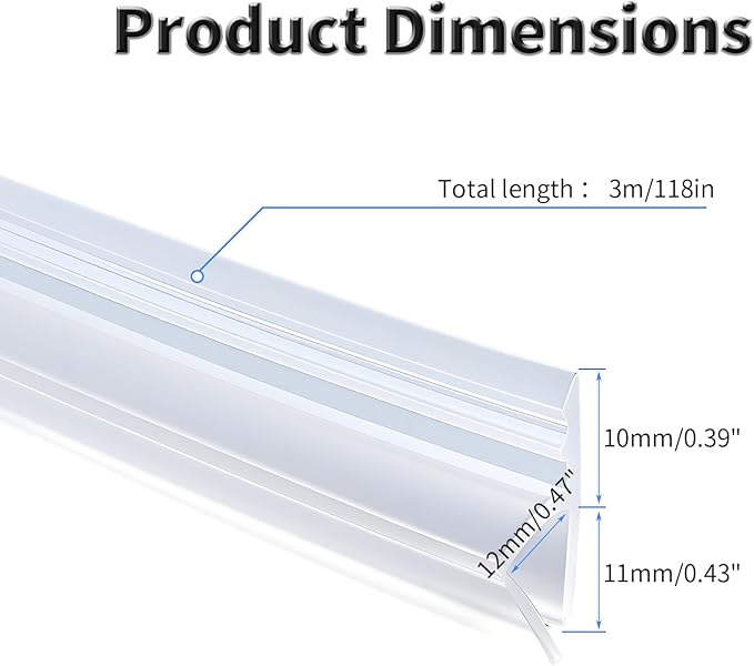 Shower Door Side Seal Strip,118 Inch H-Type Frameless Shower Door Seal, H-Type Shower Door Sweep for 15/32"(12mm) Thick Glass
