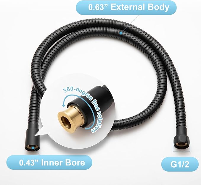 OFFO Shower Hose High Flow 0.43” Large Bore, Kink Free Stainless Steel Shower Head Hose Replacement G1/2”, Leak-proof Extra Long Flex Handheld for Pet Bathing Cleaning, 60 in Matte Black