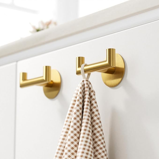 2 Pack Brushed Gold Bathroom Hooks for Towels - Self Adhesive Double Hooks for Wall, No Drilling, Stainless Steel 304, Strong Hold for Robes, Coats, Shower Use