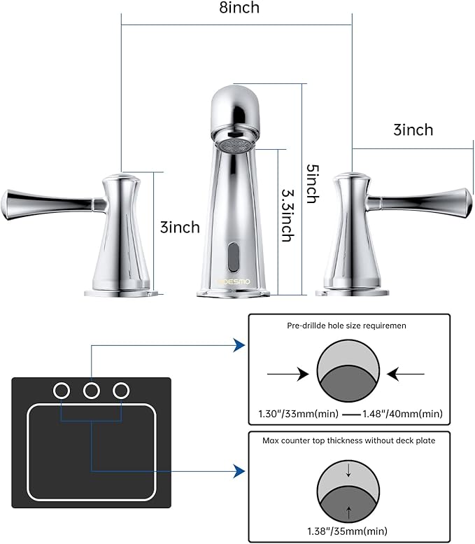 Touchless Bathroom Faucet for 3 Holes with 3 Handles, Controlling Temperature & Adjustable Water Flow, Short & Long Induction Modes, Auto Motion Sensor Chromed Bathroom Faucet Set 29180