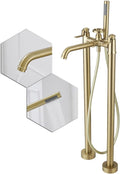 Gold Freestanding Bathtub Faucet Floor Mount Tub Filler with Handheld Shower Two Handle Two Feet High Flow Rate Mixer Tap Bathroom Tub Faucet