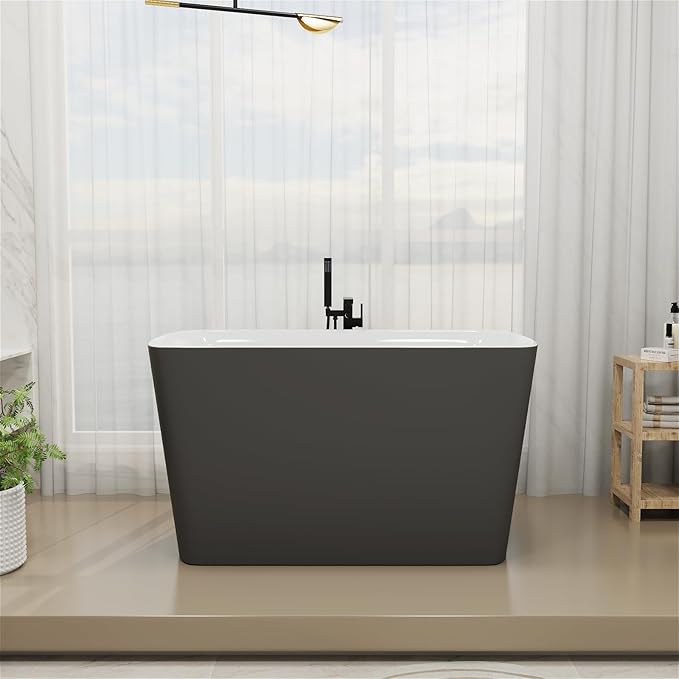 47" Lucite Acrylic Freestanding Bathtub，Square Shape Janpanese Soaking Tub with Seat Desgin,Toe-tap Chrome Right Drain, Slotted Overflow, cUPC Certified, 37° Gray