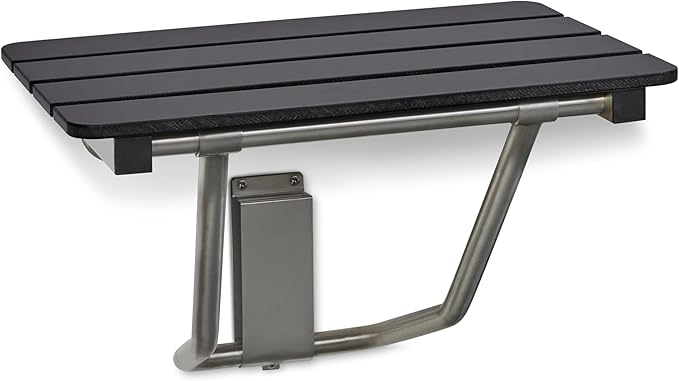 32-inch x 15-inch ADA Folding Wall Mount Bathroom Shower Seat Bench, Black Slatted Phenolic Seat
