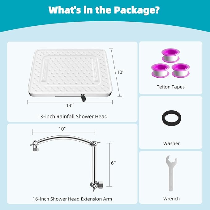 Hibbent Rain Shower Head, 13'' High Pressure Rainfall Square 5 Spray Mode Showerhead with 16" Shower Head Extension Arm, Solid Brass Adjustable Shower Arm Extender, Waterfall fixed Showerheads, Silver