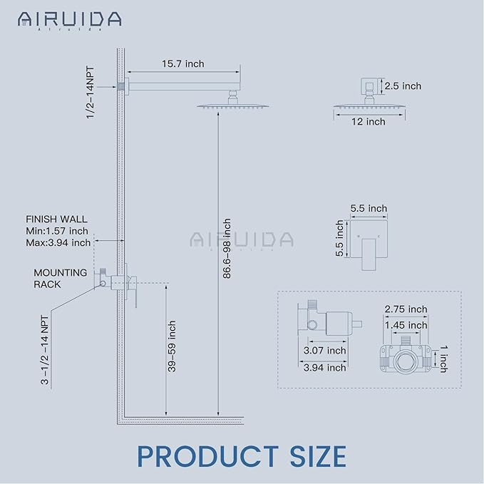 Airuida Shower Faucet Set Bathroom Rain Shower System SUS304 Stainless Steel Single Handle With Male Threads Rough-in Valve Shower Trim Kit 12 Inch Wall Mount Shower Head Matte Black