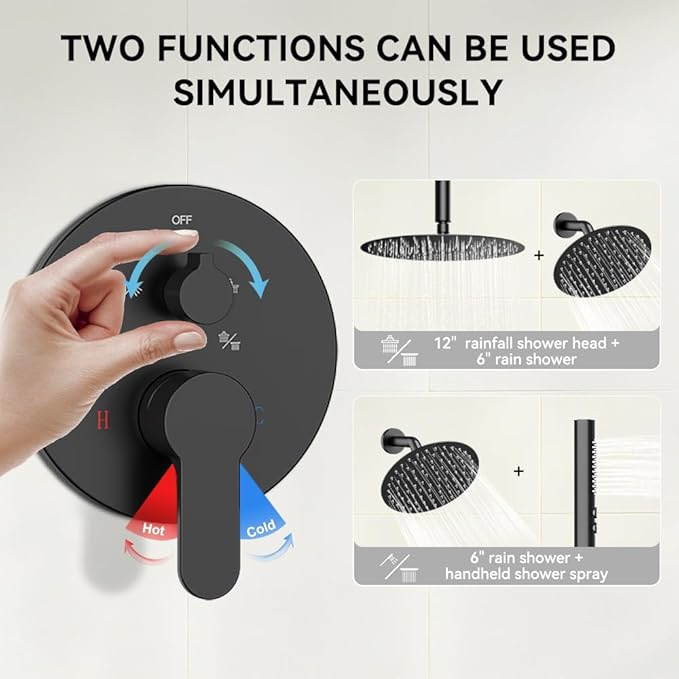 Shower Systems Shower Faucet Sets STARBATH 3 Way 12+6" Round Dual Rainfall Shower Head with Handheld Spray Combo, Ceiling Mounted Rain Shower Valve with 5 Diverter and Trim Kit Complete, Matte Black