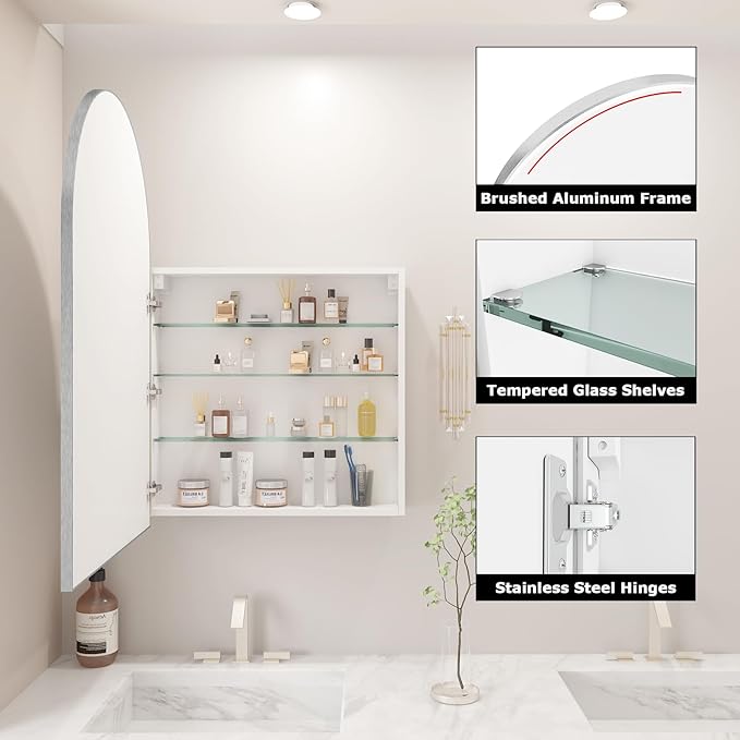 FKWin Silver Bathroom Medicine Cabinet for Left or Right Opening, Surface Mount Medicine Cabinet not Recessed, Modern Vanity Bathroom Mirror with Storage, Silver, 24x36 inch