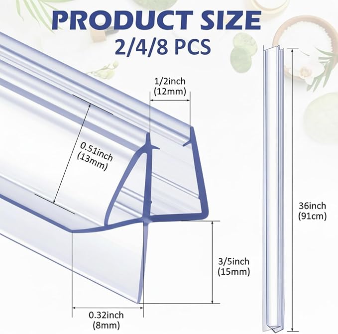 Frienda 8 Pcs Shower Door Bottom Seal 1/2" x 36'' Clear PVC Glass Door Sweep Shower Frameless Seal Strip for Replacement Stopping Leaks and Creating Water Barrier