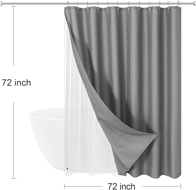 MitoVilla 3 in 1 Shower Curtain Set, Grey Boho Farmhouse Linen Textured Bath Curtain and Clear PEVA Liner Set with 12 Double Sided Steel Hooks, Waterproof Fabric Hotel Bathroom Curtain - 72x72
