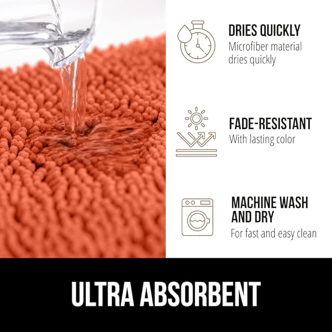 GORILLA GRIP Bath Rug Mat 44x26, Thick Soft Absorbent Chenille, Quick Dry Microfiber Mats, Rubber Backing Washable Shower Floor Rugs, Bathmat Runner, US Designed Bathroom Home Decor Accessories Coral