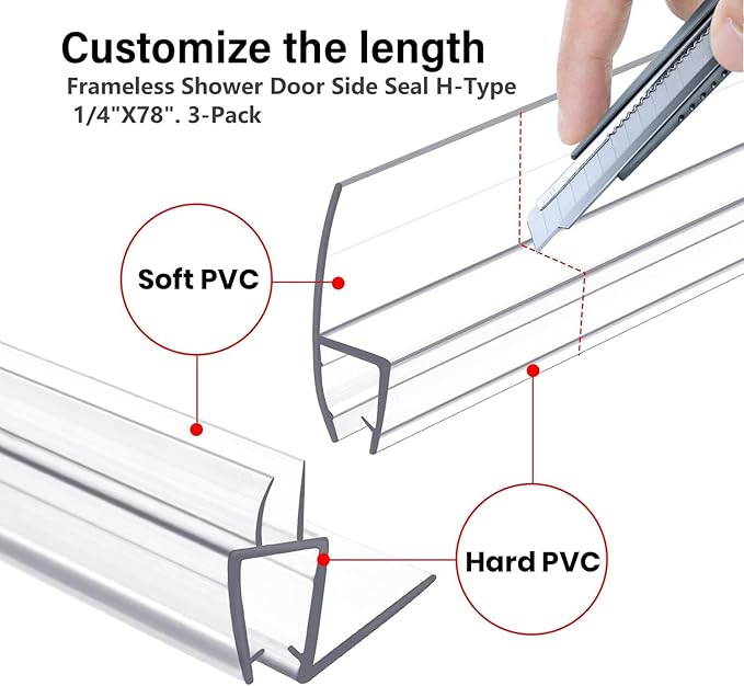 Shower Door Bottom&Side Seal Set 3PCS, 78" (1981mm) Length H-Type PVC Strip for 1/4" (6mm) Thick Frameless Glass Door, to Stop Water Leaks