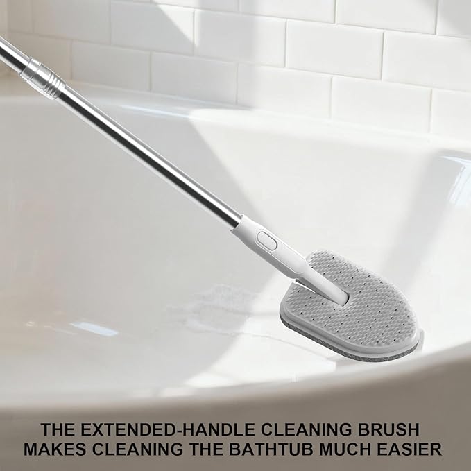 Tub Scrubber Cleaning Brush, Non-Scratch Shower Scrubber with Long Handle, 6 Replaceable Natural Fiber Pads & A Double-Sided Head, Scrub Brush for Cleaning Bathroom Kitchen Wall Sink