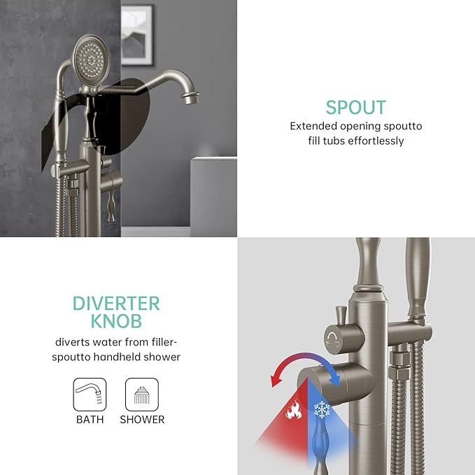 Hoimpro Free Standing Tub Faucet Freestanding Tub Filler Farmhouse Stand Alone Floor Mounted Bathtub Faucet Set Shower Faucets Handheld Sprayer Brass Brushed Nickel