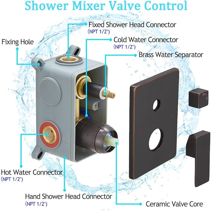 Oil Rubbed Bronze rain Shower Faucet Set Shower System 8 Inches Square Shower Head with Handheld, Waterfall Showerhead, All Metal Shower Faucet Trim Repair Kits (Contain Shower Valve)