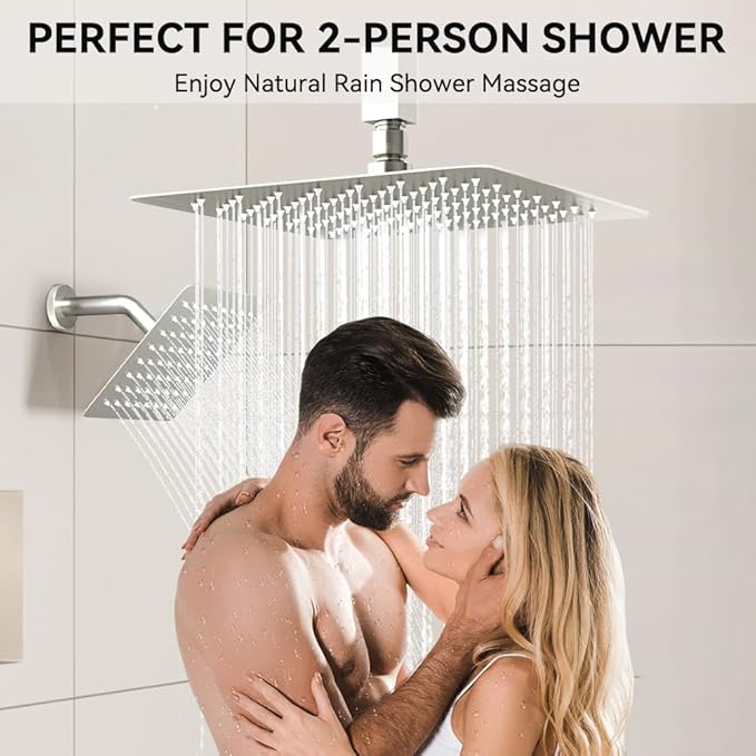 Shower Faucets Sets Brushed Nickel Shower System,12" Ceiling Rainfall Shower and 6" Wall Mount with 2 in 1 Handhled, Can Use All at Once, Thermostatic Shower Set with Valve and Trim Kit