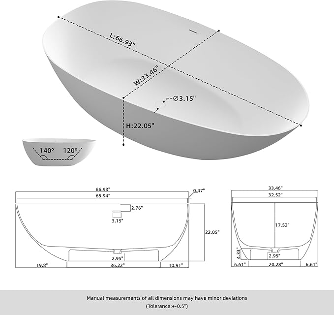 67" Stone Resin Freestanding Bathtub, Oval Solid Surface Bathroom Freestanding Tub, Thin Edge Stand Alone Tub with Integrated Slotted Overflow and Pop-up Drain, Matte White 302-170