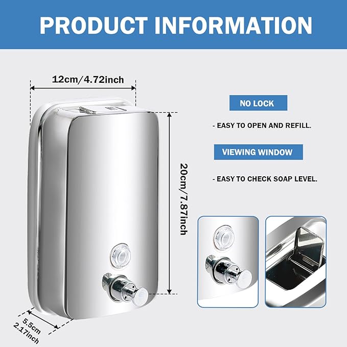 4 Pack 1000ml Commercial Soap Dispenser Wall Mount, Stainless Steel Hand Soap Dispenser for Bathrooms, Refillable Hand Sanitizer Dispenser for Home, Hotels, Restaurants, Hospitals (Silver)