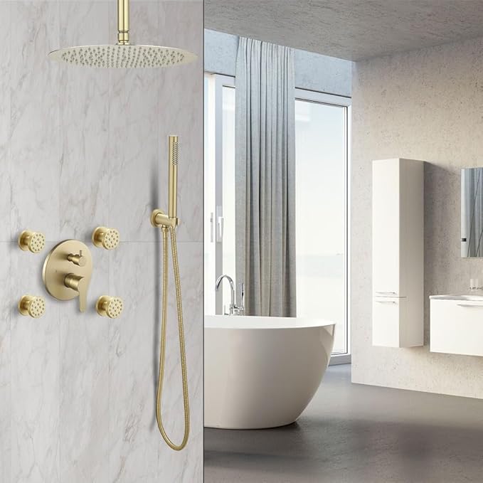 Brushed Gold Round Shower Faucet Set with Body Jets 12 Inch Shower Head Handheld Shower Combo Set High Pressure Ceiling Mount with Rough-in Valve