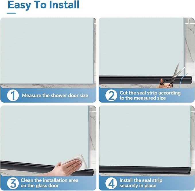 Shower Door Bottom Seal Strip, 2PCS Seal Strip, Clear PVC, 36" Length, Fits 10mm Thick Glass, Prevents Leaks, Easy Installation, No Adhesive Required (Black, 39in for 3/8"(10mm) Door)