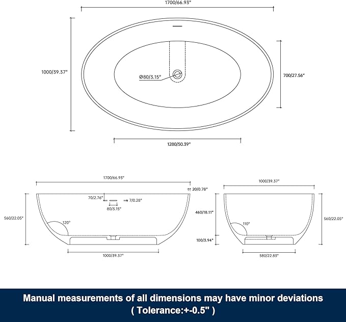 67" Premium Solid Surface Freestanding Bathtubs, Matte Black Oval Stone Resin Tub with Overflow and Pop-up Drain