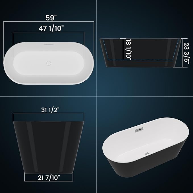 59 in Acrylic Freestanding Bathtub, Contemporary Stand Alone Tub,Black Soaking Tub, Oval Bathtub with Chrome Overflow and Drain, CUPC Certified