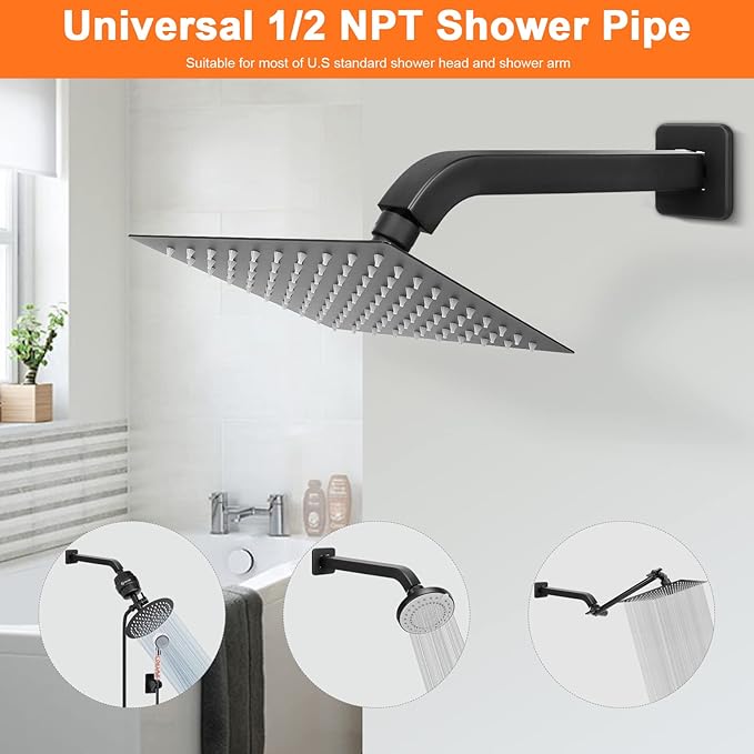 HarJue Shower Arm with Flange and Teflon Tape, Wall Mounted Square Shower Pipe 304 Stainless Steel Extension Arm for Fixed Shower Head & Handheld Shower (10 Inch, Matte Black)