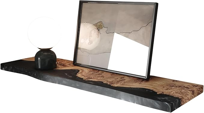 RWA Live Edge Floating Shelf – Unique Wood Floating Shelf for Wall Decor, Living Room, Bedroom, or Bathroom – Stylish Decorative Wall Shelves for Home & Office (Live Edge, Black - 12x6)