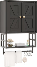 Farmhouse Medicine Cabinet - 3-Tier Wall Mounted Storage Organizer with Adjustable Shelves, Towel Bar, 5 Hooksfor Small Bathroom, Laundry Room, Over Toilet, Living Room, Bedroom (Black)